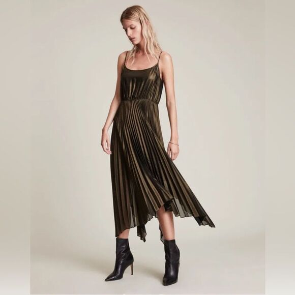 ALLSAINTS Lerin Slip Dress in metallic gold black small - Picture 1 of 10